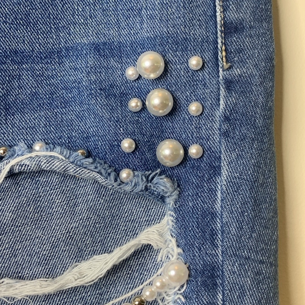 Forever 21 | Blue Denim Pearl Detail Distressed Western Bridal Wedding Jeans S - Picture 9 of 17